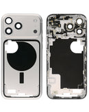 Marco medio plateado con piezas pequeñas para iPhone 17 Pro Max, ideal para reparación de componentes.