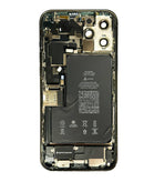 Tapa trasera iPhone 12 Pro Max azul pacífico con componentes pequeños y batería preinstalada para reparación.