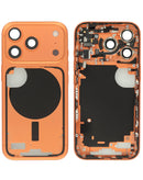 Marco medio Cosmic Orange iPhone 17 Pro con piezas pequeñas, ideal para reparación y reemplazo.