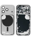 Marco medio plateado del iPhone 17 Pro con piezas pequeñas, ideal para reparación de componentes.