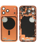 Marco medio Cosmic Orange para iPhone 17 Pro Max con piezas pequeñas, ideal para reparación de pantalla.