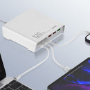 Estación de carga LDNIO Q605 de 120W, con múltiples puertos USB-C y USB-A, ideal para cargar varios dispositivos simultáneamente.