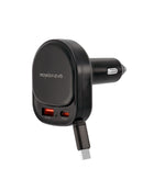 Cargador de auto SlowBack PD de 60W con 2 puertos y cable USB-C retráctil incorporado, ideal para carga rápida.