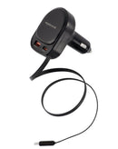 Cargador de auto SlowBack PD de 60W con 2 puertos y cable USB-C retráctil incorporado, ideal para carga rápida.