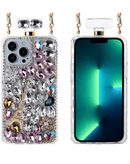 Funda con diseño de botella de perfume con piedras grandes y cuerda metálica de cuero para iPhone 13 Pro en Xela Quetzaltenango.