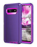 Funda protectora heavy duty para Samsung Galaxy S10E en morado oscuro y rosa intenso, vista frontal y trasera.