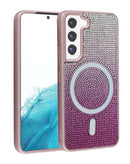Encuentra en Xela la tapa trasera con carga inalámbrica para Samsung Galaxy S22 con cristales brillantes de color rosa.
