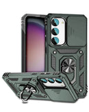 Funda híbrida verde oscuro para Samsung Galaxy S23 FE, con anillo metálico giratorio y protector de cámara.