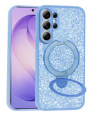 Funda Sparkle Luxury slim azul claro para Galaxy S26 Ultra con soporte magnético y anillo de agarre.