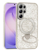 Funda Sparkle Luxury Slim blanca para Galaxy S26 Ultra, con soporte magnético integrado y brillo sutil.