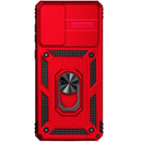 Protege tu Samsung Galaxy A25 5G en Quetzaltenango con esta funda de doble capa híbrida con anillo metálico y protector de cámara en color rojo.
