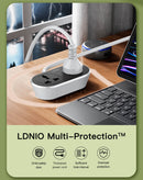 Regleta LDNIO SC2018 blanca con 2 tomas de corriente y 3 puertos USB, ideal para cargar múltiples dispositivos.