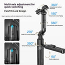 Trípode negro con palo selfie y seguimiento facial AI, rotación 360 grados, ideal para vlogs y videollamadas.