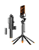 Trípode selfie negro con seguimiento IA, soporte giratorio para celular y control remoto Bluetooth. Ideal para vlogs y fotos.