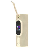 Altavoz inalámbrico impermeable beige SPLASH con pantalla táctil, ideal para exteriores y ducha, resistente al agua.