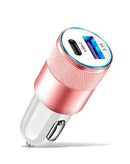 Cargador de auto USB C+A SlowBack 15W rose gold, puertos USB C y A.