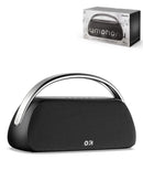 Altavoz SYMPHONY impermeable negro de tela Luxe con asa metálica, ideal para exteriores.