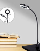Lámpara LED de aumento 3X, brazo flexible y base de pinza, ideal para trabajos de precisión.