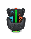Soporte de carga Dobe para dos Joy-Con de Nintendo Switch, base negra y compacta con indicadores LED.