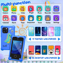 Smartphone azul para niños con pantalla táctil, juegos, cámaras dobles, MP3 y estuche protector.