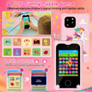 Smartphone infantil rosa con pantalla táctil, juegos, cámaras y MP3, en una funda protectora.