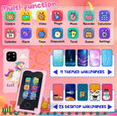 Smartphone infantil rosa con pantalla táctil, juegos, cámaras y MP3, en una funda protectora.