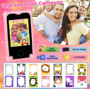 Smartphone infantil rosa con pantalla táctil, juegos, cámaras y MP3, en una funda protectora.