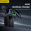 Cargador de escritorio PISEN MagStation GaN de 45W, compacto, con puertos USB-C y USB-A para carga rápida de celulares.