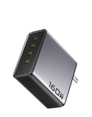 Cargador rápido PISEN Bolt GaN 160W gris con 2 puertos USB-C y 1 USB-A, ideal para carga multipuerto.