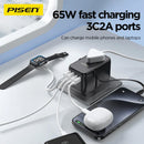 Cargador de viaje PISEN GaN 65W con 5 puertos de carga rápida USB-C y USB-A.