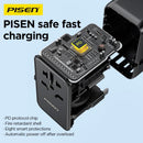 Cargador de viaje PISEN GaN 65W con 5 puertos de carga rápida USB-C y USB-A.