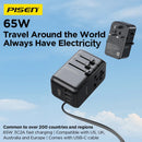 Cargador de viaje PISEN GaN 65W con 5 puertos de carga rápida USB-C y USB-A.