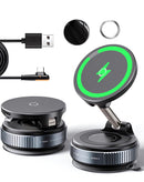 Soporte de coche negro ajustable 360° para teléfono, con carga inalámbrica y fuerte succión.