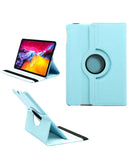 Estuche universal azul claro de cuero para tablet de 11" con soporte giratorio 360 grados.