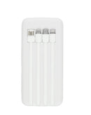 Batería externa VOLT10 blanca de 10000mAh con cables USB y USB-C integrados, ideal para carga rápida.