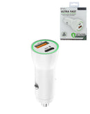 Cargador de carro blanco 38W con puertos USB-C y USB-A, ideal para carga rápida de dispositivos móviles.