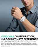 Smartwatch GloryFitPro plateado, pantalla AMOLED 1.32", elegante accesorio reloj inteligente.