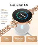 Smartwatch DaFit dorado para mujer con pantalla AMOLED de 1.04", elegante accesorio inteligente.