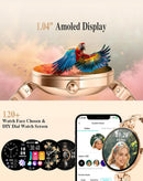 Smartwatch DaFit dorado para mujer con pantalla AMOLED de 1.04", elegante accesorio inteligente.