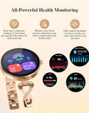Smartwatch DaFit dorado para mujer con pantalla AMOLED de 1.04", elegante accesorio inteligente.