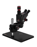 Microscopio trinocular YCS 6575X con base negra, ideal para laboratorio, lente objetivo y ocular.